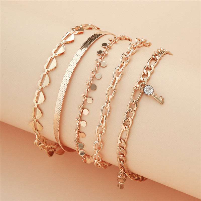 5 Pcs Women Fashion Gold Color Heart Crystal Key Anklets For Women Trendy Snake Chain Anklets For Women Foot Jewelry Gifts